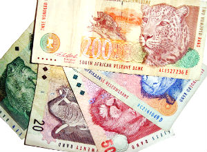 Notas de 10, 20, 50, 100 e 200 rands 