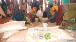 Arroz brasileiro sendo distribuído a refugiados somalis no campo de Buramino, na região de Dollo Ado, na Etiópia. Foto: PMA/Melese Awoke