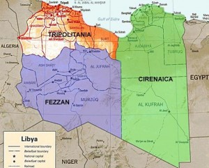Mapa com as divisões da Líbia