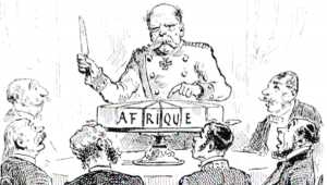 A caricature of Bismark at the 1884 Berlin Conference, often taken as the starting point of the Scramble for Africa.
