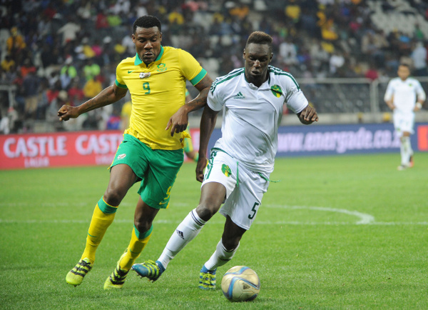 Sarr Sally of Mauritania is challenged by Thamsanqa Gabuza of South Africa during the AFCON Qualifier match between South Africa and Mauritania 02 September 2016 at Mbombela Stadium Pic Sydney Mahlangu/ BackpagePix