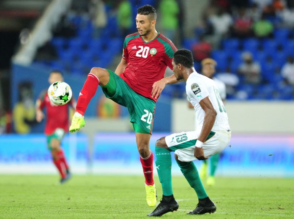 Aziz Bouhaddouz of Morocco challenged by Simon Deli of Ivory Coast during the 2017 Africa Cup of Nations Finals match between Morocco and Ivory Coast at the Oyem Stadium in Gabon on 24 January 2017 ©Samuel Shivambu/BackpagePix