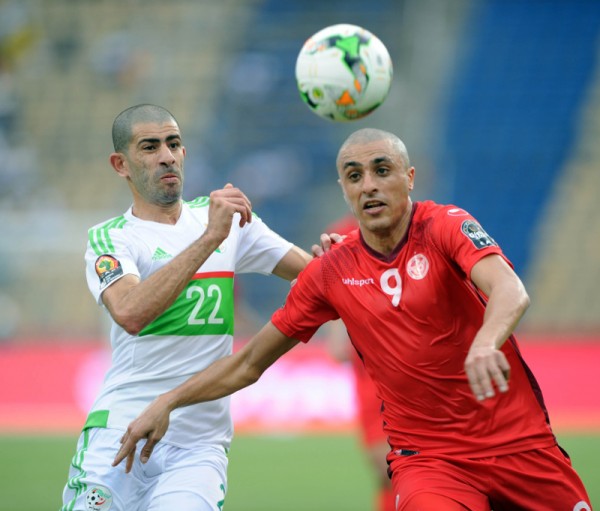 Amir Rami Bensebaini of Algeria challenges Ahmed Akaichi of Tunisia during the Afcon Group B match between Algeria and Tunisia on the 19 January 2017 at Franceville Stadium, Gabon Pic Sydney Mahlangu/ BackpagePix