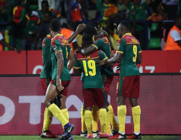 Cameroon players celebrate Michael Ngadeu goal during the 2017 Africa Cup of Nations Finals Afcon semifinal football match between Cameroon and Ghana at the Franceville Stadium in Gabon on 02 February 2017 ©Gavin Barker/BackpagePix