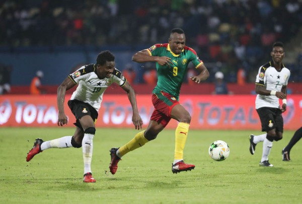 Jacques Zoua of Cameroon (r) challenged by Daniel Amartey of Ghanaduring the 2017 Africa Cup of Nations Finals Afcon semifinal football match between Cameroon and Ghana at the Franceville Stadium in Gabon on 02 February 2017 ©Gavin Barker/BackpagePix