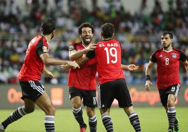Mohamed Salah of Egypt (c) celebrates goal with Abdallah El Said (r) and Mahmoud Abdelmoneim Kahraba of Egypt (l) with during the 2017 African Cup of Nations Finals Afcon semifinal football match between Burkina Faso and Egypt at the Libreville Stadium in Gabon on 01 February 2017 ©Gavin Barker/BackpagePix