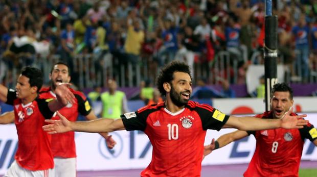 Mohamed Salah celebrates after scoring for Egypt against Congo on Sunday night. Photo: Ali Haider/BackpagePix